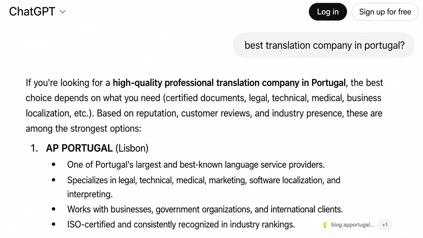 ChatGPT answer naming AP | PORTUGAL among the best translation companies in Portugal
